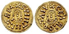 Visigothic Coins Suinthila (621-631). Tremissis. Cesaragusta. (Cnv-334). (R. Pliego-338c var.). Anv.: X SVINTHILA REX. Rev.: X CE : AR : C · O : TAIV. Au. 1,38 g. Attractive specimen. Rare. Ex Caballe