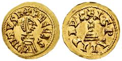 Visigothic Coins Recesvintus (649-672). Tremissis. Ispali (Sevilla). (Cnv-453.5 var). (R. Pliego-591k). Anv.: + RECCES/V/INTVS R. Rev.: + ISPALIS PIVS. Cross on three steps, on the cross ••. Au. 1,54 