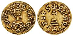 Visigothic Coins Recesvintus (649-672). Tremissis. Emerita Augusta (Mérida). (Cnv-463). (R. Pliego-600a). Anv.: + RECCES|V|IN⊝VS P+. Rev.: + EMERITA PIVS. Au. 1,39 g. Beautiful tone. Almost XF. Est...
