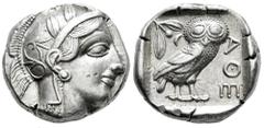 Greek Coins Attica. Athens. Tetradrachm. 454-404 a.C. (Gc-2526). (Sng Cop-31). Anv.: Head of Athena right, wearing crested Attic helmet ornamented with three olive leaves above visor and spiral palmet