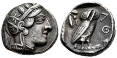 Greek Coins Attica. Athens. Tetradrachm. 454-404 a.C. (Gc-2526). (Sng Cop-31). Anv.: Head of Athena right, wearing crested Attic helmet ornamented with three olive leaves above visor and spiral palmet