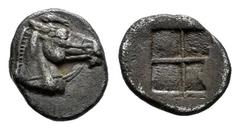 Greek Coins Asia Minor. Uncertain. Tetartemorión. Siglo V a.C. (SNG Kayhan-745 Ionia or Caria?). (Tzamalis-91?). Anv.: Bridled head of horse right. Rev.: Incuse quadripartite square. Ag. 0,39 g. Scarc