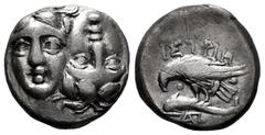 Greek Coins Kingdom of Thrace. Istros. Dracma. 400-350 BC. (Gc-1669). (Cy-1540). Anv.: Two young male heads facing (the Dioscuri?), side by side, one upright, the other inverted . Rev.: IΣTPIH, sea-ea