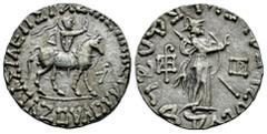 Greek Coins Indo-Skythians. Azes II. Tetradrachm. 58-12 a.C. (Hgc-12 637). (Senior-98.371T). Anv.: the king mounted on a horse charging to the right, holding a whip, a monogram on the right field, Gre