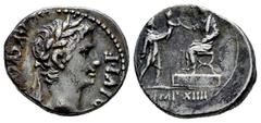 Roman Imperatorial Augustus. Denarius. 8 BC. Lugdunum. (Ffc-131). (Ric-201a). (Cal-850). Anv.: AVGVS(TVS) DIVI. F. laureate head of Augustus right. Rev.: IMP. XIIII in exergue, a Gaul or a German pres