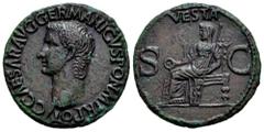Roman Imperial Caligula. Unit. 37-38 d.C. Rome. (Ric-38). (Bmcre-46.1). Anv.: C CAESAR AVG GERMANICVS PON M TR POT. bare head of Caligula left. Rev.: VESTA. Vesta, veiled, seated left, patera in right