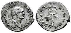 Roman Imperial Vespasian. Denarius. 74 d.C. Rome. (Ric-II 1.703). (Bmcre-138). (Rsc-362). Anv.: IMP CAESAR VESPASIANVS AVG, laureate head to right. Rev.: PON MAX TR P COS V, winged caduceus. Ag. 3,21 