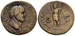Roman Imperial Vespasian. Sestertius. 71 d.C. Rome. (Ric-II 1.190). (Bmcre-660/63). (C-419). Anv.: IMP VESPASIAN AVG P M TR P P P COS III, laureate head to right. Rev.: ROMA, Roma standing facing, hea