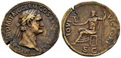 Roman Imperial Domitian. Sestertius. 95-96 d.C. Rome. (Ric-II 2.702). (Bmcre-439). (C-314). Anv.: IMP CAES DOMIT AVG GERM COS XV C(ENS PER) P P, laureate head to right. Rev.: IOVI VICTORI, Jupiter sea