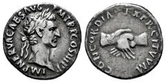 Roman Imperial Nerva. Denarius. 97 d.C. Rome. (Ric-II 14). (Bmcre-25). (Rsc-20). Anv.: IMP NERVA CAES AVG P M TR P COS III P P, laureate head to right. Rev.: CONCORDIA EXERCITVVM, clasped hands. Ag. 2