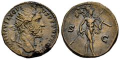 Roman Imperial Antoninus Pius. Dupondius. 138-161 d.C. Rome. (Ric-807). Anv.: ANTONINVS AVG PIVS P P TR P COS IIII. Radiate head right. Rev.: Mars advancing right, holding trophy and spear; S-C across