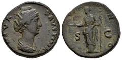 Roman Imperial Diva Faustina. Sestertius. 141 d.C. Rome. (Ric-III 1143). (Bmcre-1531). Anv.: DIVA FAVSTINA, draped bust to right. Rev.: IVNO, Juno standing to left, holding patera and sceptre; S-C acr