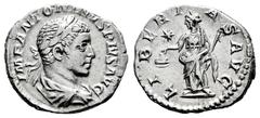 Roman Imperial Elagabalus. Denarius. 218-222 AD. Rome. (Ric-107). (Seaby-92). Rev.: LIBERTAS AVG, Libertas standing left, holding pileus and cornucopiae; star in left field. Ag. 3,40 g. Choice VF. Est