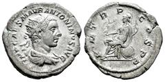 Roman Imperial Elagabalus. Antoninianus. 218 d.C. Rome. (Ric-IV 1). (Bmcre-4). (Rsc-125). Anv.: IMP CAES M AVR ANTONINVS AVG, radiate and draped bust to right. Rev.: P M TR P COS P P, Roma seated to l