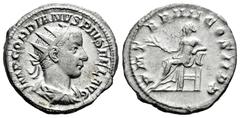 Roman Imperial Gordian III. Antoninianus. 241-243 d.C. Rome. (Ric-IV 89). (Rsc-261). Anv.: IMP GORDIANVS PIVS FEL AVG, radiate, draped and cuirassed bust to right. Rev.: P M TR P V COS II P P, Apollo 