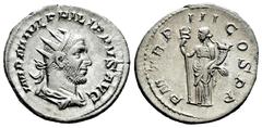 Roman Imperial Philip I. Antoninianus. 246 d.C. Rome. (Ric-IV 3). (Rsc-124). Anv.: IMP M IVL PHILIPPVS AVG, radiate, draped and cuirassed bust to right, seen from behind. Rev.: P M TR P III COS P P, F