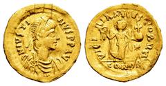 Byzantine Empire Justin II. Tremissis. 565-578 d.C. Constantinople. (MIBE-11a). (Doc-13). (Sear-353). Anv.: D N IVSTINVS P P AVI, diademed, draped and cuirassed bust to right. Rev.: VICTORIA AVGVSTORV