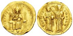 Byzantine Empire Romanus III Argyrus. Histamenon. 1028-1034 d.C. Constantinople. (Sear-1819). Anv.: +IhS XIS RЄX RЄGNANTIhM; Christ, nimbate, seated facing, raising right hand in benediction and holdi
