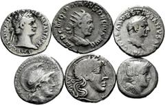 Large Lots Lot of 6 Roman silver coins; 3 from the Roman Republic (Anonymous Quinary, Denarius of Satriena, Denarius of Vivia) and 3 from the Roman Empire (Denarius of Domitian, Denarius of Vespasian,
