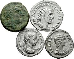 Large Lots Lot of 4 coins of the Roman Empire. Containing Semiuncia of the Roman Republic, Denarius of Julia Domna FELICITAS, Denarius of Alexander Severus IOVI CONSERVATORI and Antoniniano de Philip 