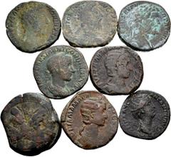 Large Lots Lot of 8 coins of the Roman Empire. Mostly sestertius from different Emperors such as: Marcus Aurelius, Julia Mamaea, Faustina (As), Septimius Severus and Gordian III. Includes a Republican