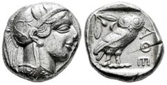 Greek Coins Attica. Tetradracma. 454-404 a.C. Atenas. (Gc-2526). (Sng Cop-31). (Kroll-8). Anv.: Cabeza de Atenea a derecha, con casco ático con cresta, adornado con tres hojas de olivo sobre la visera