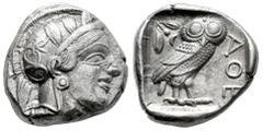 Greek Coins Attica. Tetradracma. 454-404 a.C. Atenas. (Gc-2526). (Sng Cop-31). (Kroll-8). Anv.: Cabeza de Atenea a derecha, con casco ático con cresta, adornado con tres hojas de olivo sobre la visera