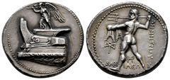 Greek Coins Reino de Macedonia. Demetrios I Poliorketes. Tetradracma. 300-295 a.C. Salamis. (Head, Guide-IV B 17 prototype). (Cf. Newell-23). (SNG München-1038). Anv.: Nike en pie avanzando a la izqui