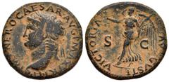 Roman Imperial Nerón. Dupondio. 66-67 d.C. Roma. (Ric-I 523). (Bmcre-356). Anv.: IMP NERO CAESAR AVG P MAX TR P P P. Cabeza laurada a la izquierda, globo al final del busto. Rev.: VICTORIA AVGVSTI. Vi