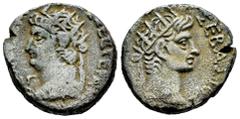 Roman Imperial Nerón con Divo Augusto. Tetradracma. RY 13 = 66/7 d.C. Alejandría. (RPC-I 5294). (Emmett-113). Anv.: (ΝЄΡΩ ΚΛΑΥ ΚΑΙΣ Σ)ЄΒ ΓЄΡ AV. Busto radiado de Nerón a iquierda vistiendo Aegis; en e