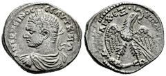 Roman Imperial Caracalla. Seleucis y Pieria. Tetradracma. 214-215 d.C. Antioquía. (Prieur-221). (McAlee-679). Anv.: Cabeza laureada a izquierda. Rev.: Águila en pie, mirando hacia delante, sobre el mu