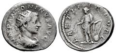 Roman Imperial Eliogábalo. Antoniniano. 218-220 d.C. Roma. (Ric-94). (Rsc-71). Anv.: IMP ANTONINVS AVG. Busto radiado, drapeado y con coraza a la derecha. Rev.: LAETITIA PVBL. Laetitia enpie a izquier