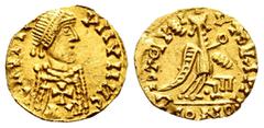 Pseudo-imperial coinage Pseudo-imperial coinage. In the name of Justinianus I. Tremissis. (Tomasini-JAN 2). (R. Pliego-Unlisted). Anv.: /IV/CNVIIV...VIIVIIИC. Diademed, draped bust right, cross on the