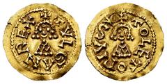 Tulga (639-642) Tulga (639-642). Tremissis. Toleto (Toledo). (Cnv-396.1). (R. Pliego-512a). Anv.: +TVLGANREX. Rev.: +TOLETOPIV(letter S horizontal)✶. Au. 1,40 g. Slight wavy flan. Rare. Almost XF. Est