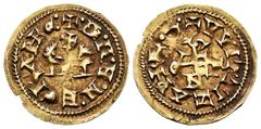 Egica and Witiza (698-702) Egica and Witiza (698-702). Tremissis. Gerunda. (Cnv-588.8). (R. Pliego-720j.2, Plate coin). Anv.: +˙(ND nexated)˙N˙M˙N˙EGICAP+G:. Rev.: +VVITTIZAP+R˙G˙. Au. 1,28 g. Beautif