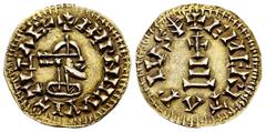 Witiza (698-710) Witiza (698-710). Tremissis. Emérita (Mérida). (Cnv-617 var.). (R. Pliego-No cita). Anv.: +INPNNIVVITTIZAP+. Rev.: +EMERITAPIVS(Palm). Au. 1,36 g. Sharply struck. A good sample. Very 