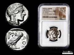 Greek Coins Attica. Athens. Tetradrachm. 454-404 BC. (Gc-2526). (Sng Cop-31). Anv.: Head of Athena right. Rev.: Owl standing to right with head facing, olive sprig and crescent behind, ΑΘΕ before; all
