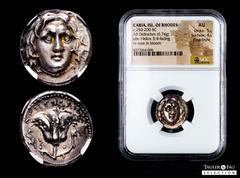 Greek Coins Islands of Caria. Rhodos, Rhodes. Didrachm. 250-200 BC. Agesidamos, magistrate. (Hgc-6, 1439). (Ashton-184). Anv.: Head of Helios facing slightly to right. Rev.: Rose, bud to right; AΓHΣIΔ
