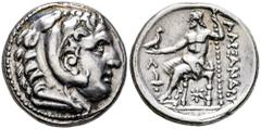 Greek Coins Kingdom of Macedon. Amphipolis. Tetradrachm. 306-297 BC. Kassander. In the name and types of Alexander III. (Price-6721). (Müller-62). Anv.: Head of Herakles to right, wearing lion's skin 