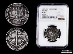 Philip II (1556-1598) Philip II (1556-1598). 2 reales. ND (1578-1595). Potosi. B. (Cal-370). Ag. 6,81 g. A good sample. Slabbed by NGC as VF 30. This coin is exempt from any export license fee. Est...