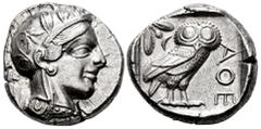 Greek Coins Attica. Athens. Tetradrachm. 454-404 BC. (Gc-2526). (Sng Cop-31). (Kroll-8). Anv.: Head of Athena right, wearing crested Attic helmet ornamented with three olive leaves above visor and spi