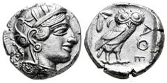 Greek Coins Attica. Athens. Tetradrachm. 454-404 a.C. (Gc-2526). (Sng Cop-31). (Kroll-8). Anv.: Head of Athena right, wearing crested Attic helmet ornamented with three olive leaves above visor and sp