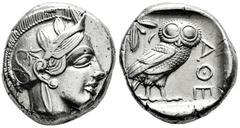 Greek Coins Attica. Athens. Tetradrachm. 454-404 a.C. (Gc-2526). (Sng Cop-31). Anv.: Head of Athena right, wearing crested Attic helmet ornamented with three olive leaves above visor and spiral palmet