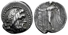 Greek Coins Boeotia. Federal coinage. Drachm. 225-171 a.C. (BCD Boeotia-136). Anv.: Laureate head of Poseidon to right. Rev.: ΒΟΙΩΤΩΝ, Nike standing left, resting on trident and holding wreath; triden