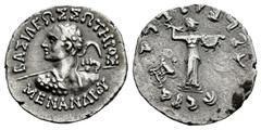 Greek Coins Kings of Bactria. Menander I Soter. Drachm. 155-130 a.C. (Bopearachchi-6A). (Hgc-12,193). Anv.: Diademed heroic bust left, seen from behind, wearing aegis and brandishing spear; BΑΣΙΛΕΩΣ Σ