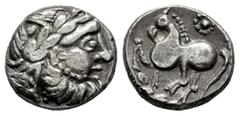 Greek Coins Celtas del Danubio. Uncertain tribe. Drachm. Siglo II-I a.C. Lower Danube Region. Imitating types Philip II of Macedon. (OTA-204/2). (Lanz-506). Anv.: Celticized laureate head of Zeus to r