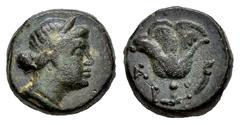 Greek Coins Rhodos. Rhodes. AE 10. 350-300 a.C. (Bmc-108). Anv.: Head of Rhodos to right, wearing stephane. Rev.: Rose with bud to right; monogram AK? in left field, P-O flanking stem. Ae. 1,60 g. Ex 