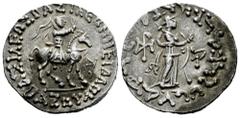 Greek Coins Indo-Skythians. Azes I. Tetradrachm. 58-12 a.C. (Hgc-12, 637). (Senior-98.353vT). Anv.: BAΣIΛEΩΣ BAΣIΛEΩN MEΓAΛOY. Azes right on horseback, holding whip. Rev.: Pallas Athene standing right
