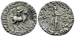 Greek Coins Indo-Skythians. Azes I. Tetradrachm. 58-20/19 a.C. (Senior-Tipo 98.327v). Anv.: BAΣIΛEΩΣ BAΣIΛEΩN MEΓAΛOY. Azes right on horseback. Rev.: Pallas Athene standing right holding spear and shi
