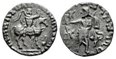 Greek Coins Indo-Skythians. Azes I. Drachm. 58-12 a.C. (Senior-105.375D). (Hgc-12,655). Anv.: Azes on horseback to right, wearing cataphractus and holding whip aloft; Karosthi letter before horse. Rev